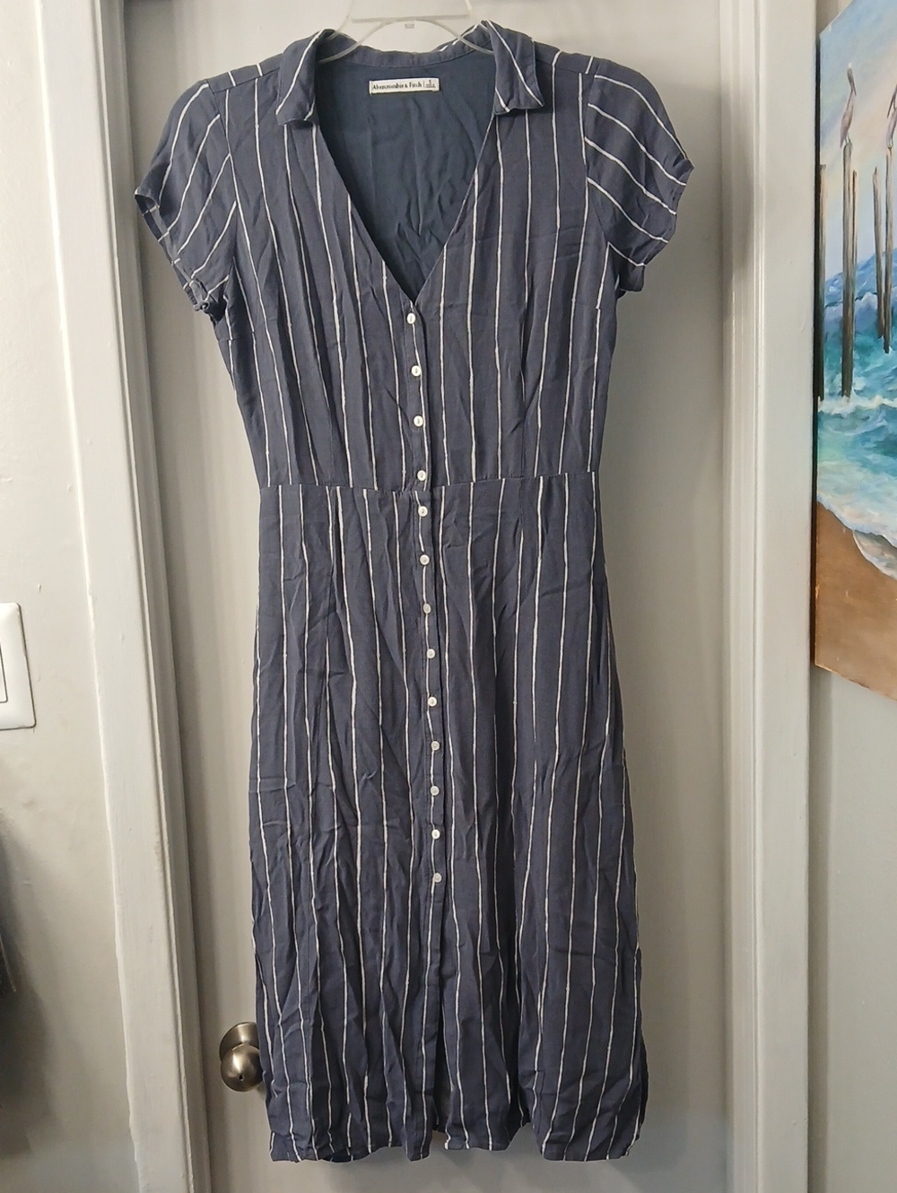 Abercrombie & Fitch Navy and White Striped Button-Front Midi Dress